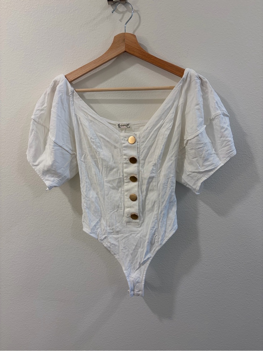 Free People White Puff-Sleeve Button Bodysuit